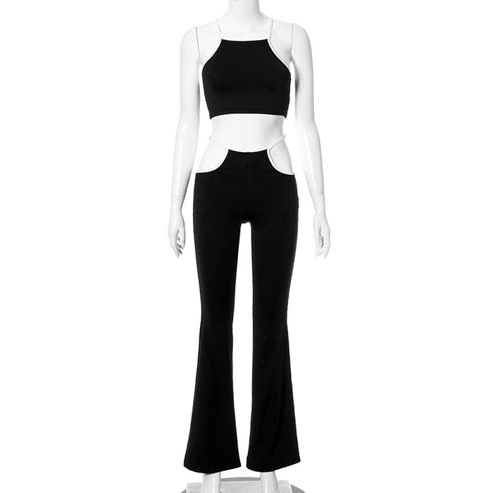 Summer Women Sling Solid Color Cropped Tank Top Hip Wide Leg Pants Set