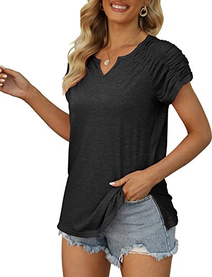 Summer Women Clothing V neck Cuff Pleating Hem Split Short Sleeved T shirt