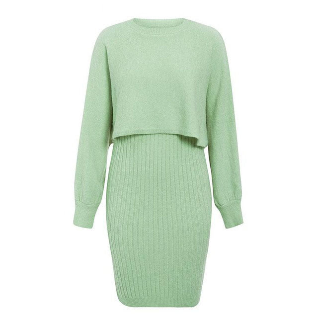 Sexy Knitted Dress Two Piece Set Autumn Winter Solid Color Long Sleeve Sweater Women