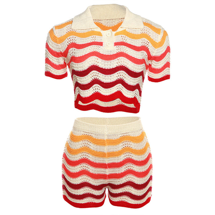 Summer Women Collection Polo Collar Wave Pattern Color Matching Knitted Tight Shorts sets