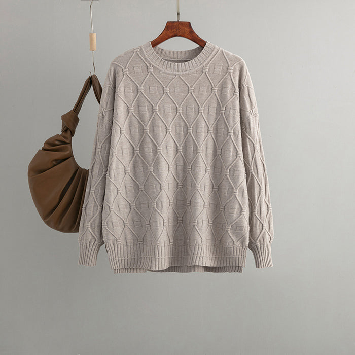 Loose Women Clothing Rhombus Knitted Twisted Floral Wool Long Sleeve Autumn Winter Pullover Sweater Office round Neck Sweater