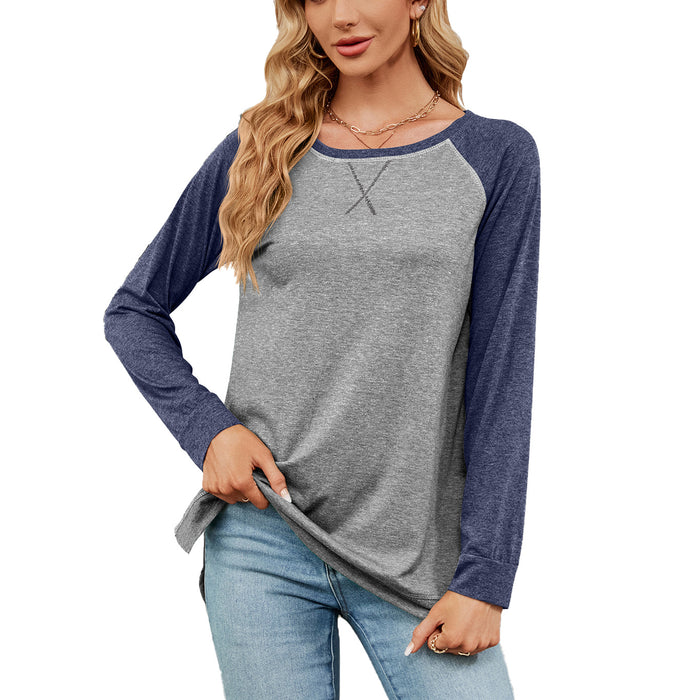 Autumn Winter round Neck Contrast Color Loose Long-Sleeved T-shirt Split Top Women