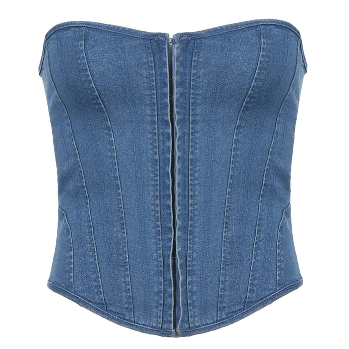 Street Cool Waist Tight Corset Lace-up Vest sexy off-Shoulder Sexy Denim Split Wrapped Chest