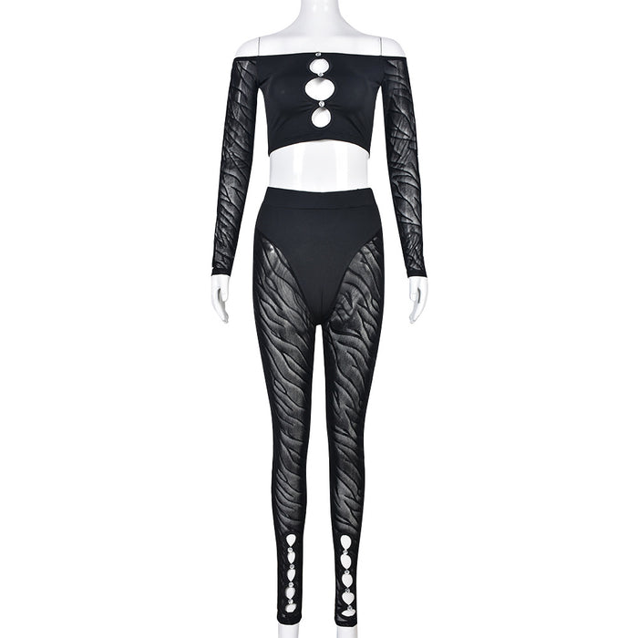 Spring Summer Women Clothing Street Sexy Hollow Out Cutout out Cropped Trousers Rhinestone Two Piece Set