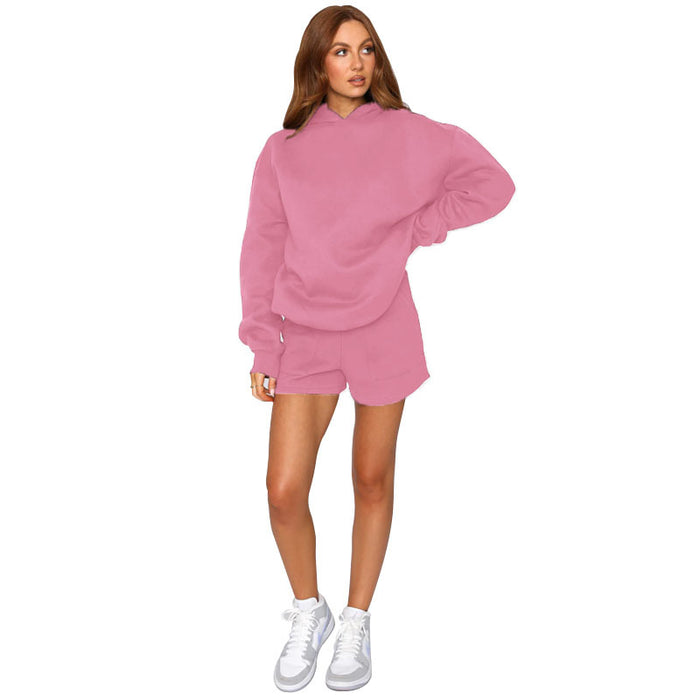 Autumn Winter Solid Color Hooded Pullover Long Sleeve Sweaters Women Clothing Shorts Suit