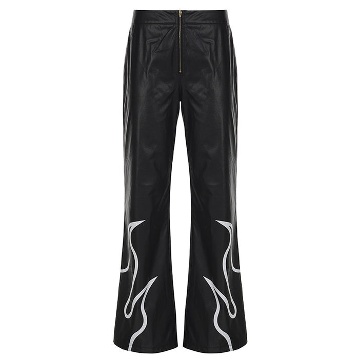 Street Hip Hop Personalized Printed Micro Pull Leather Pants Autumn Low Waist Slim Fit Sexy Trousers