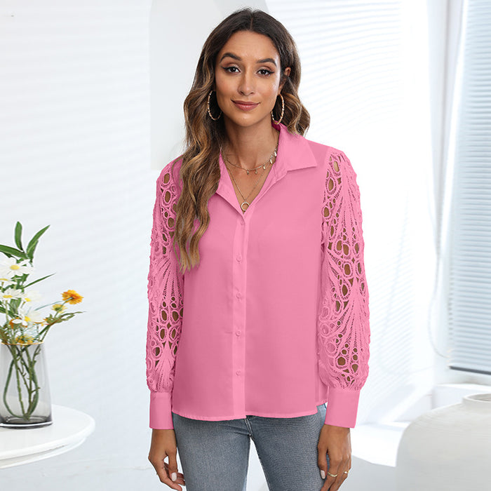 Spring Summer Women Solid Color Top Casual Lace Stitching Shirt