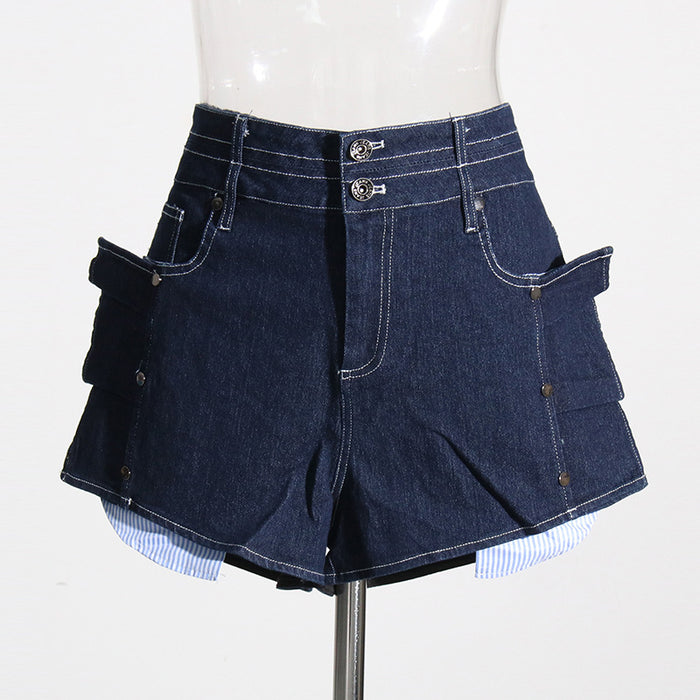 Summer High Waist Slimming Dark Blue Rivet Ruffled Contrast Color Denim Shorts Pants