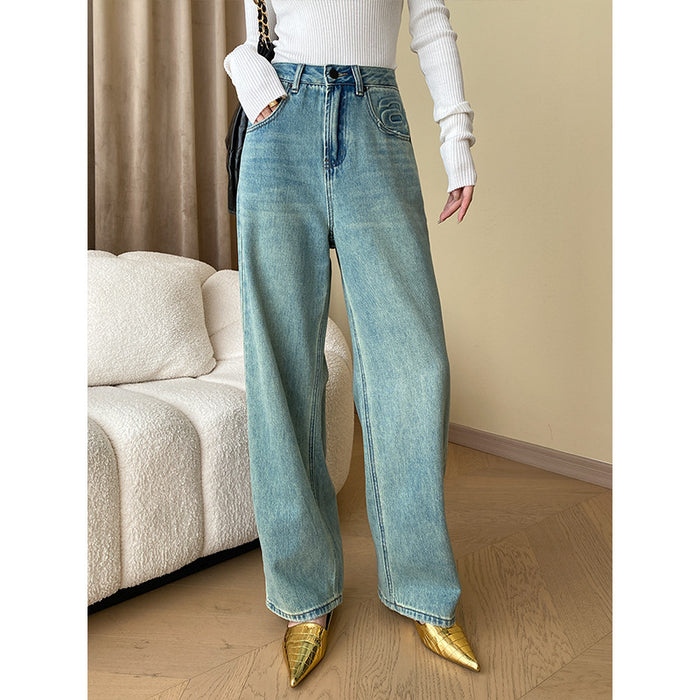 French Fashionable Letters Early Autumn Special Washed Straight Jeans Slim Wide Leg Pants