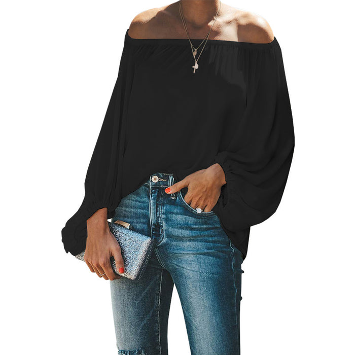 Off Shoulder Top Women Autumn Off Shoulder Solid Color Simple Lantern Sleeve Loose Long Sleeve T Shirt