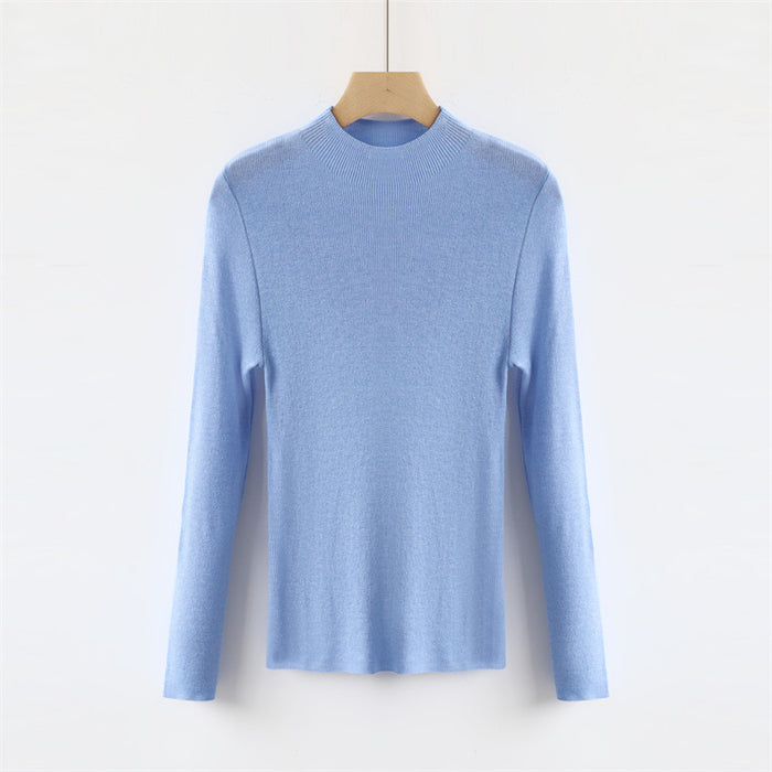 Solid Color Colorful Half Turtleneck Wool Base Shirt Sweater Women Slim Fit Slimming Long Sleeves Knitwear Top