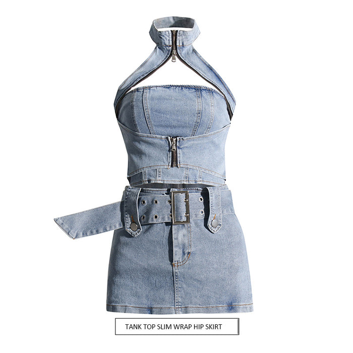 Summer Sexy Halter off the Shoulder Short Denim Vest Slimming Sheath Skirt Two Piece Suit