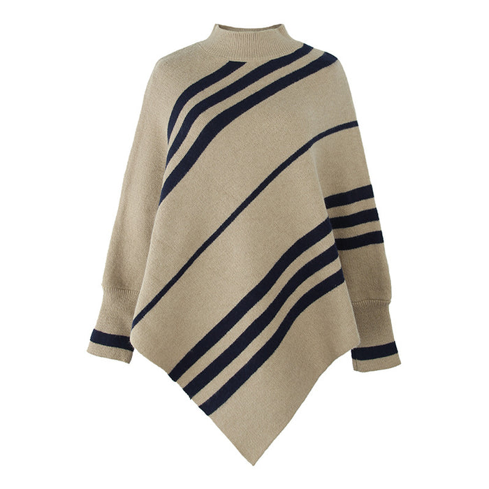 Autumn Winter Cape Shawl Women Sweater round Neck Striped Sweater