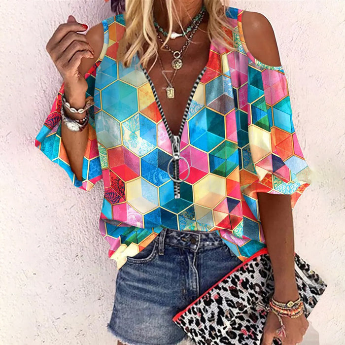 Summer Printed V-neck Zipper off-Shoulder Loose Casual Shirt