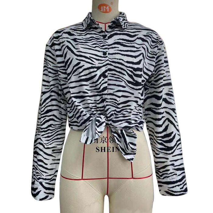 Women Clothing Shirt Wave Print Single-Breasted Long Sleeve Shirt Striped Printing Collared Cardigan