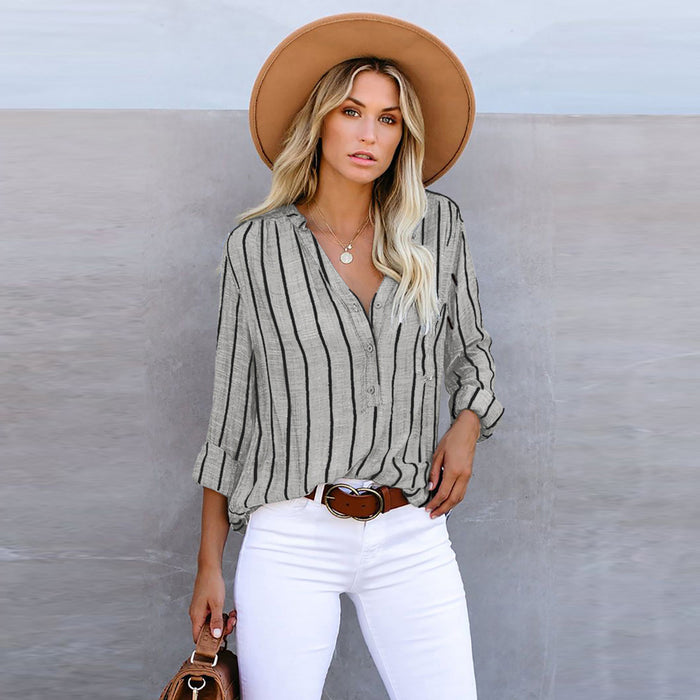 Autumn Women Striped Shirt Loose Single-Breasted Long Sleeve Top