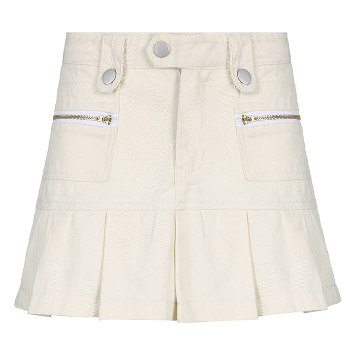 High Waist Slimming Basic Solid Color Denim Pleated Skirt Sexy All Match Stitching Tooling Short Skirt