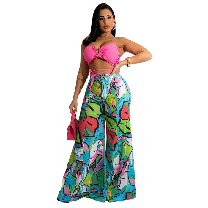 Casual Chest Wrapped Loose Wide Leg Pants Suit For Seaside Vacation