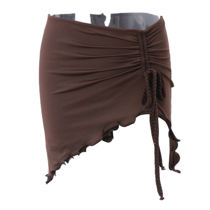 Spring Women Vintage Crumpled Drawstring Nipped Waist Skirt