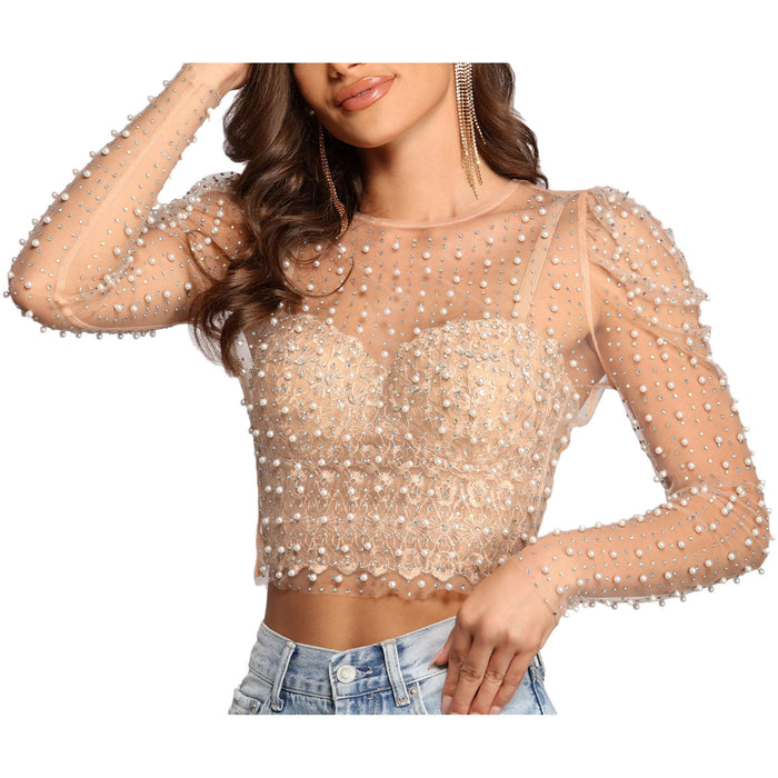 Summer Women Clothes Drilling Bubble Sleeve Mesh Top