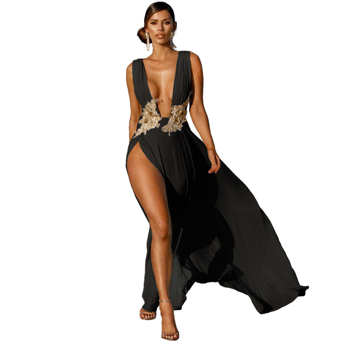 New Ladies Maxi Dress Sexy Fashion Wedding Evening Dress Deep V Plunge Plunge High Slit Part Large Swing Mop Dress