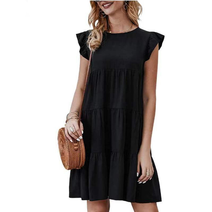 Summer Solid Color round Neck Short Sleeves Dress Casual Tiered Dress Pleated Large Swing Dress