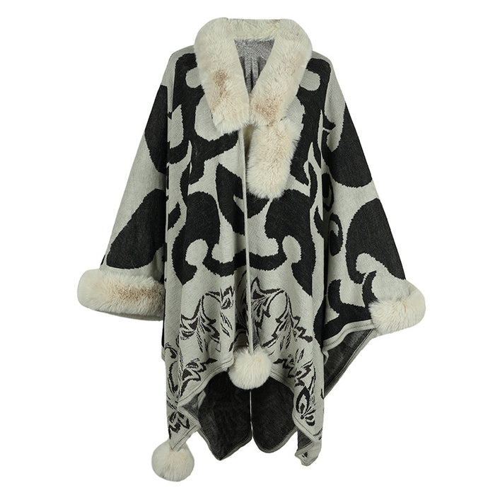 Women Cloak Autumn Winter Contrast Color Fur Collar Thickened Warm Talma