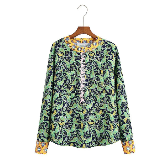 Spring Summer Casual Women Long-Sleeved Pullover round Neck Multicolor Printing Shirt