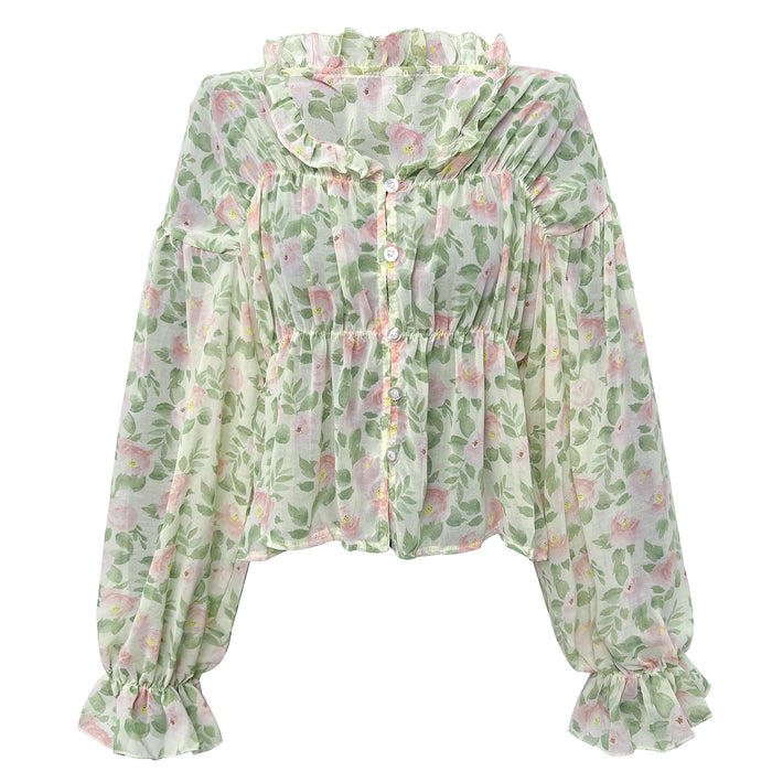 Autumn Winter Wooden Ear Printed Chiffon Shirt Bell Sleeve Floral Top