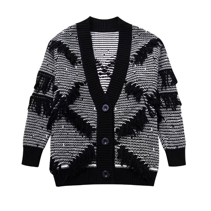 Autumn Women Clothing Idle Decorated Tassel Jacquard Knitted Cardigan Coat