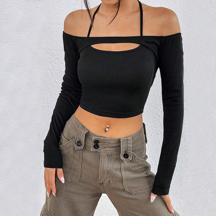 Autumn Winter Women  Clothing Sexy off Shoulder Slim Fit Short Long Sleeved T shirt Hollow Out Cutout Top