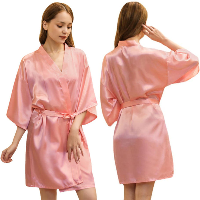 Ladies Robe Artificial Silk Satin Kimono Gown Glossy Solid Color Thin Cardigan Gown Summer Sexy Short Bathrobe