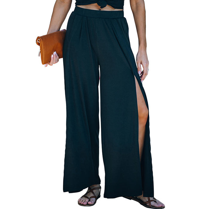 Solid Color All Matching Slit Casual Pants Summer Women High Waist Wide Leg Pants All Matching Trousers