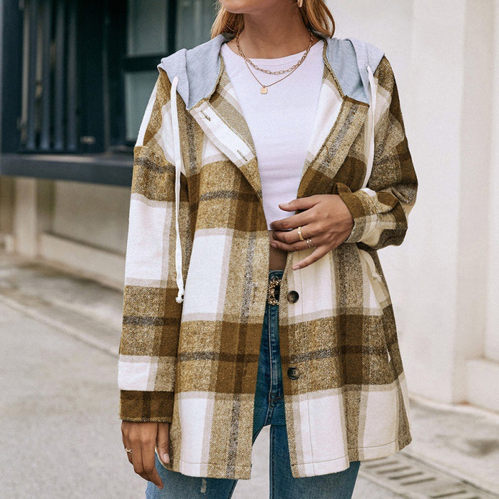 Plaid Shirt Hooded Loose Casual Shacket Jacket Outerwear