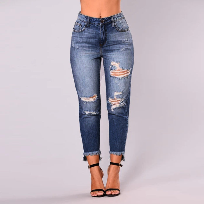 Autumn Holes Irregular Asymmetric Ankle Length Jeans Women