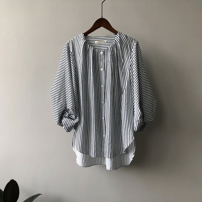 Loose round Neck Striped Shirt Spring Simple Graceful Bai Match Three Quarter Sleeve Shirt