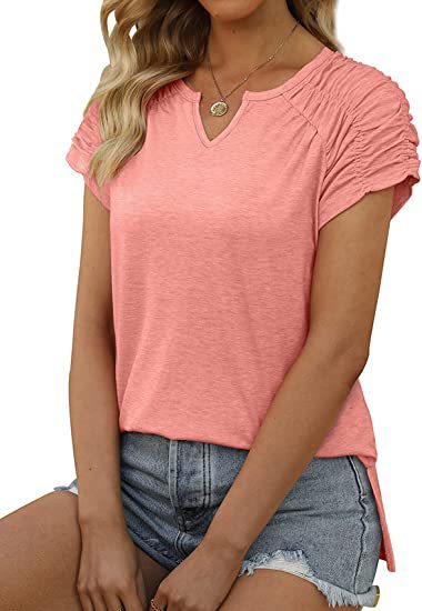 Summer Women Clothing V neck Cuff Pleating Hem Split Short Sleeved T shirt