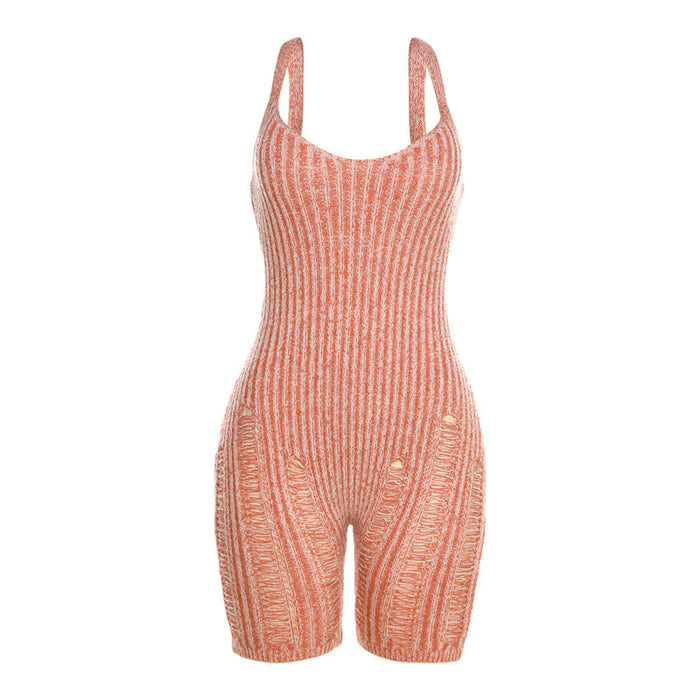 Summer Women Clothing Color Contrast Knitted Low Collar Ripped High Waist Tight Jumpsuit for Women