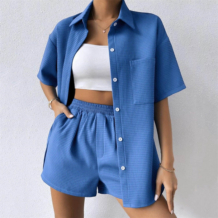 Summer Suit Women  Women's Loose Casual Short Sleeved Shirt Elastic Waist Shorts Two Piece Set Women