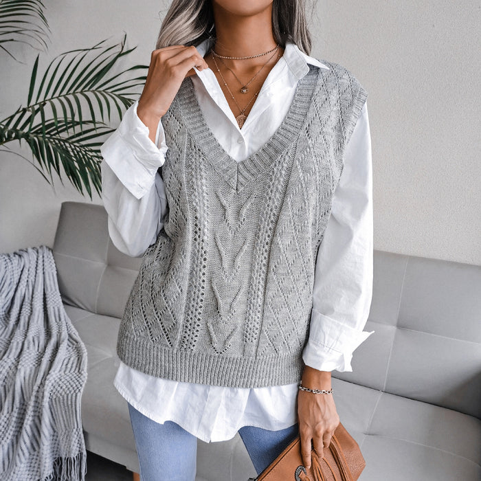 Autumn Winter Cutout Twist V neck Knitted Vest Sweater Women Clothing