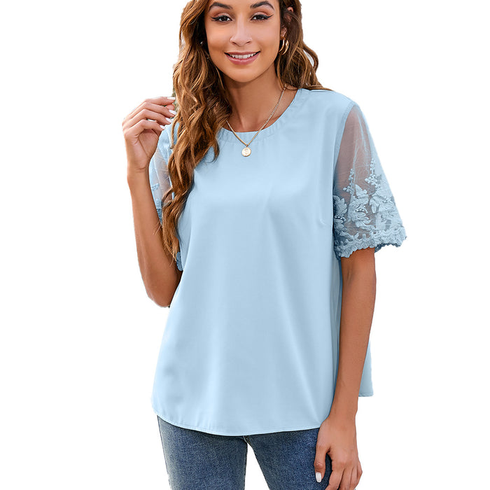 Women Clothing round Neck Lace Shirt Chiffon Blouse Women Top