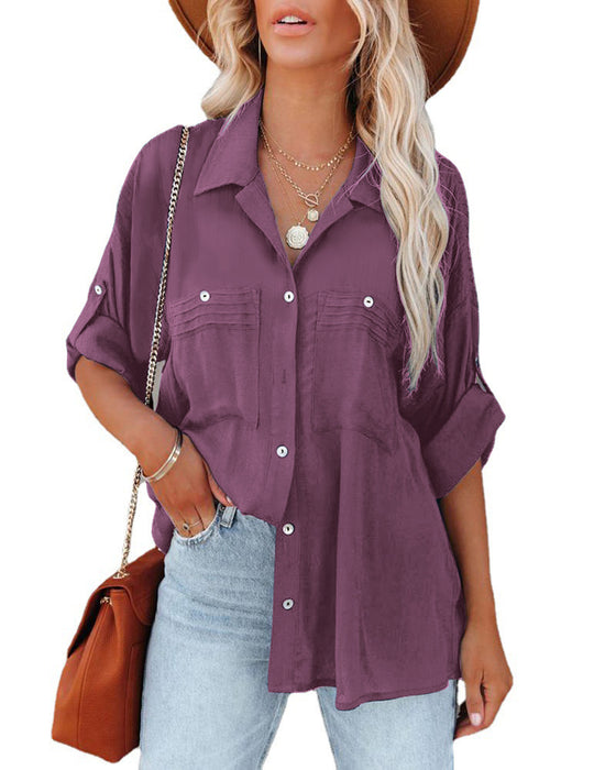 Shirt Spring Summer Solid Color Pocket Shirt Loose Long Short Sleeve Top