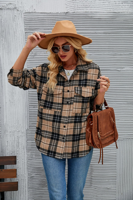 Women Casual Button Pocket Plaid Loose Woolen Coat