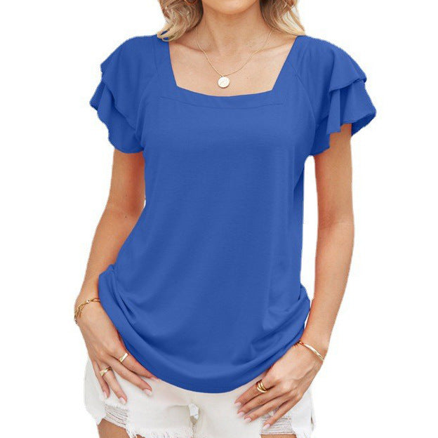 Summer Square Collar Ruffle Sleeve Petal Sleeve Short Sleeve Loose T Shirt Top Women