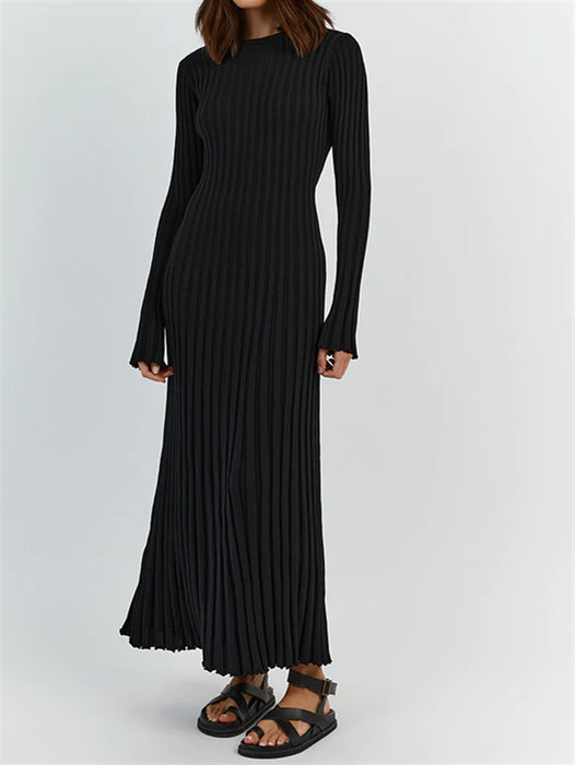 Long Sleeve Round Neck Tight Knitted Dress Autumn Sweater Dress Sunken Stripe Solid Color Base Dress