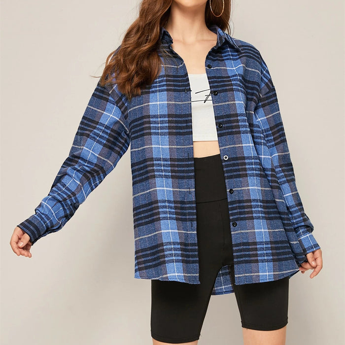 Spring Summer New Street Hipster Design Loose Slimming Single Breasted Collared Long Sleeve Plaid  Shirt Outerwear