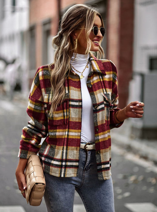 Plaid Shacket Autumn Winter Long Sleeved Shirt Casual Women