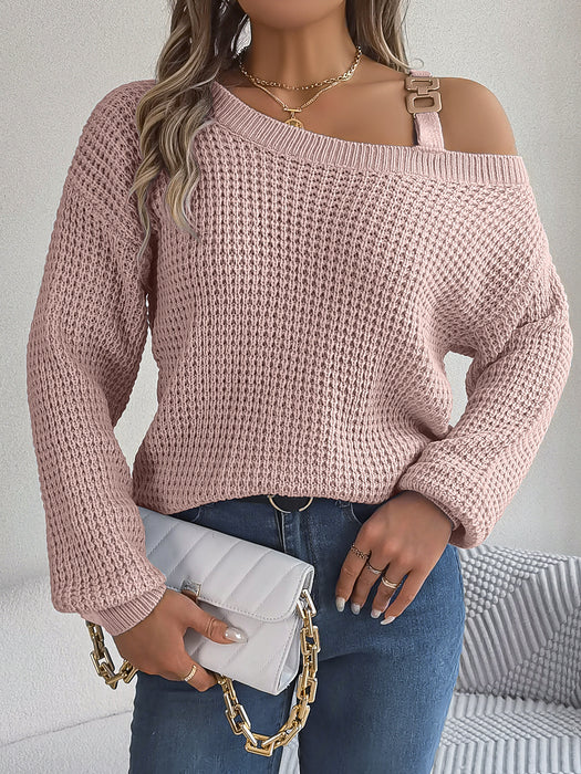 Autumn Winter Casual Metal Buckle Patchwork Cold-Shoulder Lantern Sleeve Pullover Sweater Independent Stand Cross