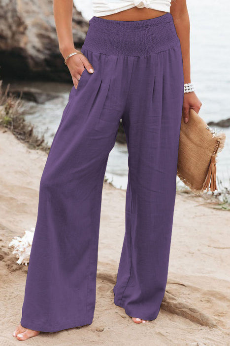 Spring Summer Women Clothing Cotton Linen Solid Color Elastic Waist Wide Leg Pants Casual Pants Trousers