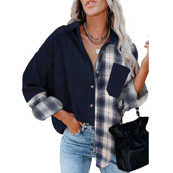 Cardigan Top Women Spring Autumn Single Breasted Plaid Contrast Color Corduroy Long-Sleeved Shirt for Women